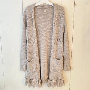 Lucky Brand Wool Blend Cardigan, Open Front, Fringe Detail, size Small